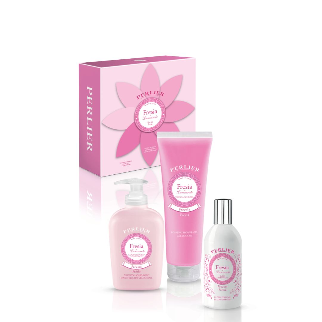 Cofanetto <em> Doccia, Sapone Liquido, Elisir di Profumo Fresia </em>